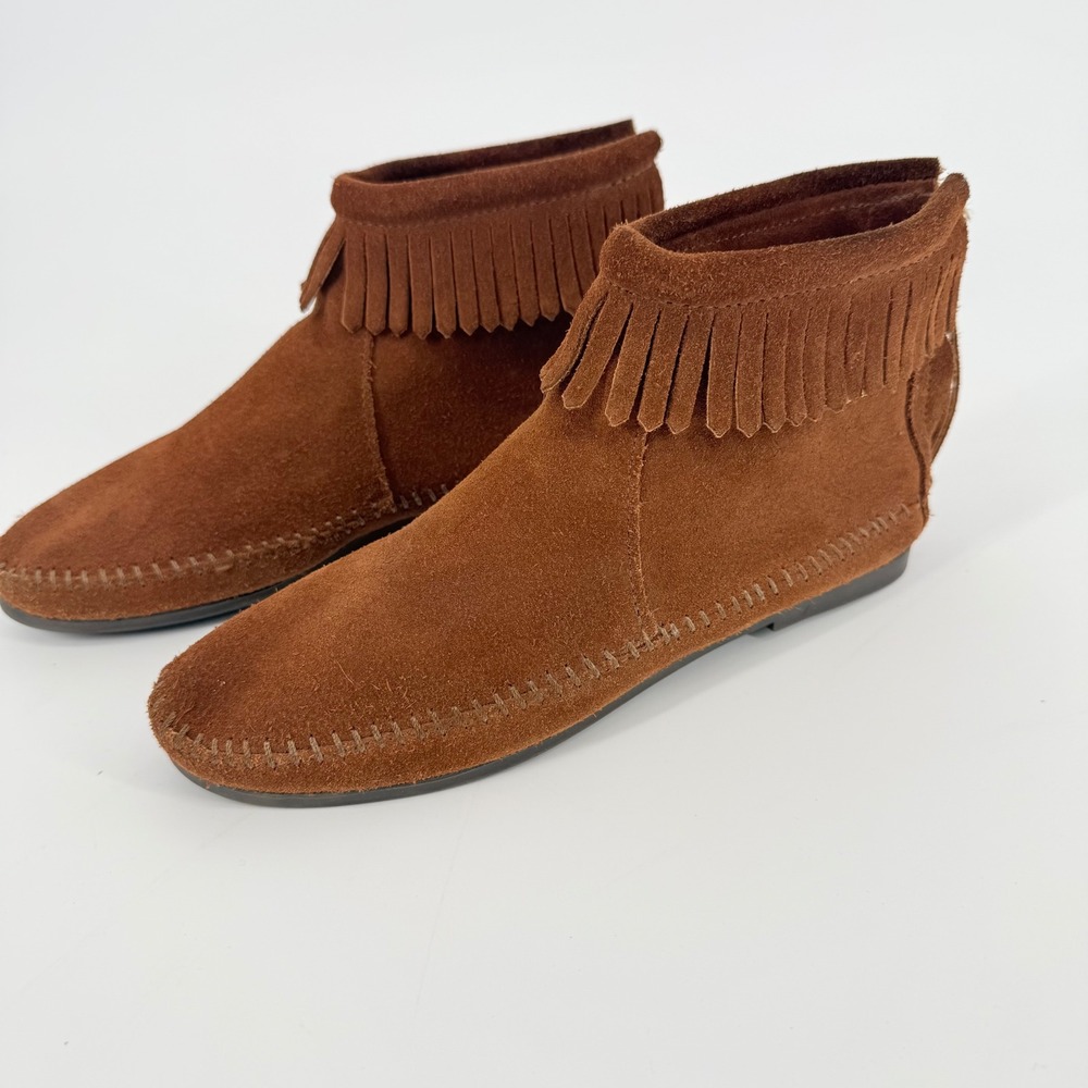 Minnetonka Women's Moccasin Ankle Boots Brown Suede Fringed Zip Size 8‎